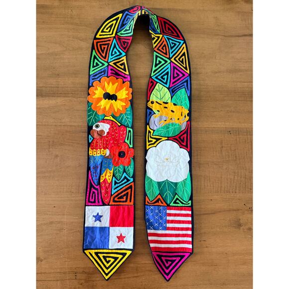 Artisan Accessories - Unique Panamanian Mola Stole | Graduation Sash with Parrot & Rana Dorada Art